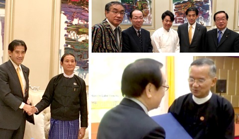 ウィンミン下院議長（現在は大統領）と逢沢一郎会長の握手と渡辺博道衆議院議員が日本さくら会の祝辞を